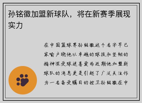 孙铭徽加盟新球队，将在新赛季展现实力